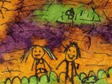 En farverig tegning af to børn lavet af et barn